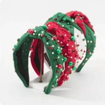 Широкий край Рождественская повязка на голову Украшения для волос Кристалл Бусины Повязка на голову Новый год красный