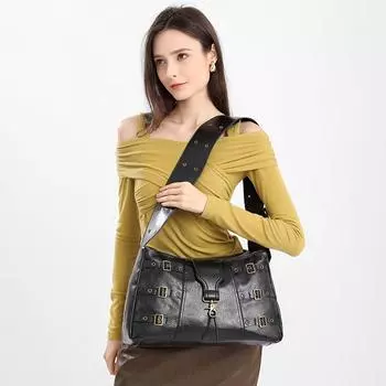 Широкий плечевой ремень одно плечо сумка-тоут ретро большой емкости тяжелый металл панк стиль сделать старый продвинутый смысл чёрный