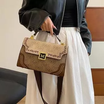 Широкий плечевой ремень PU сумка для женщин письмо цветок девушка ретро принт сумка через плечо металлическое украшение мода