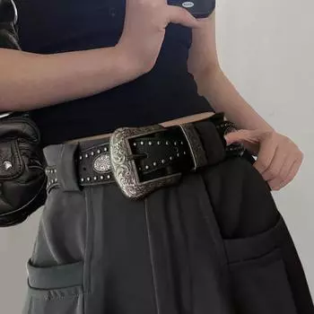 Широкий пояс из искусственной кожи в винтажном стиле, цвет «холодный кофе» Y2K, ремень для джинсов, декор, черный пояс с заклепками, вечеринка чёрный
