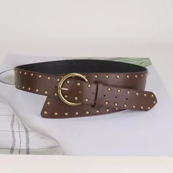 Широкий пояс с заклепками в стиле ретро с металлической бусиной и пряжкой для женщин в стиле уличного искусства с узором Майяра 106cm чёрный