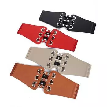 Широкий поясной ремень. Модный и универсальный эластичный поясной ремень с украшением из полых заклепок. One Size чёрный