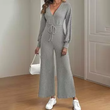 Широкий женский комбинезон, однотонный, облегающий, повседневный, комбинезон с V-образным вырезом, на шнуровке, рукав «летучая мышь», модные прямые брюки, комбинезоны S серый