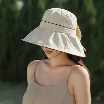Широкополая шляпа рыбака из полиэстера, складная летняя кепка с бантом, спортивная бежевый