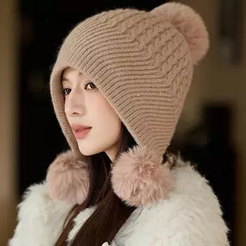 Широкополая вязаная шапка из толстого бархата с тремя меховыми шариками, теплая шапка чёрный