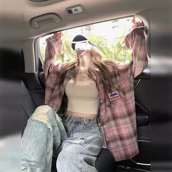 Shirt 2024 New Arrival Autumn Clothing Stylish Niche Top Retro Sunscreen Pink Plaid Shirt Coat Female Autumn Pink S