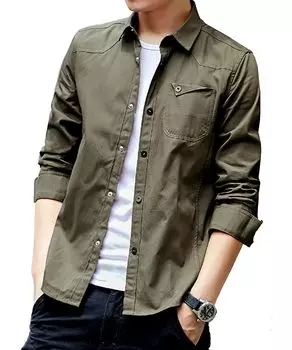Shirt Long Cotton Adult L Khaki [Arcade] Jacket, Sleeve, Slim, Casual, Shirt, Spring, Autumn, Winter, Shirt, Men s, хаки