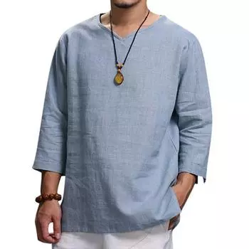Shirt Mens Loose Long Sleeve V Neck Cotton Linen T Shirts Vintage Tops Blouse 4XL