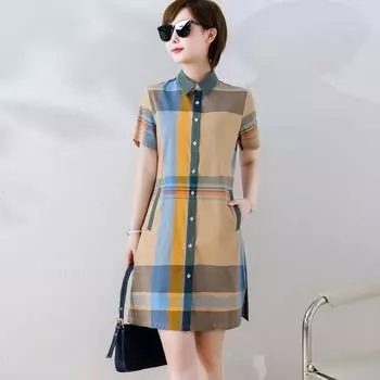 Shirt Style Dress Accessible Luxury Fancy Simple and Generous Stylish Niche Style Mid Length Long Length British Plaid A- line Dress Khaki 2XL