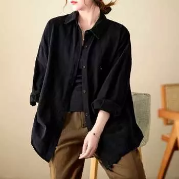 Shirt Women s Spring Women s Jacket Cotton and Linen Top Casual Black Loose Women s Shirt XXL