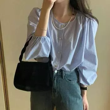 Рубашки женские свободные офисные женские простые в полоску с круглым вырезом классический корейский стиль базовые летние солнцезащитные кремы с рукавами-фонариками Harajuku популярные S синий