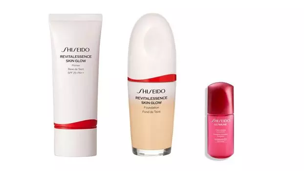 SHISEIDO Essence Skin Glow Kit Основа под макияж, тональная основа, сыворотка красоты, маленький размер 10 мл, в комплекте Жидкая форма, без запаха, сияющее, увлажняющее, скрывает поры