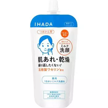 Shiseido IHADA Лечебное увлажняющее молочко для умывания лица (Пополнение) 120мл (Квази-лекарство) Применение] - Возьмите в ладонь количество средства, в 2 раза превышающее указанное в дозаторе.