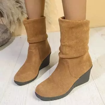 Шитье Круглый носок Современные сапоги Slip on танкетка Женская обувь 2024 Плюс Размер Середина икры Ретро Зимние женские сапоги смешанных цветов 35