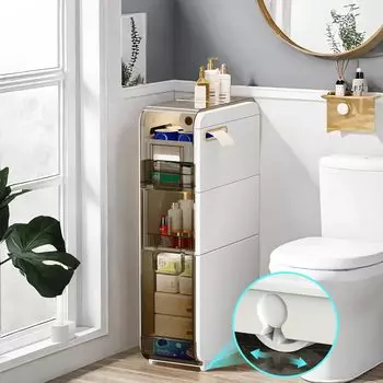 Шкаф для хранения туалетных принадлежностей, пластиковый узкий шкаф для ванной комнаты с ящиками и держателем туалетной бумаги, водонепроницаемый передвижной органайзер для хранения вещей для небольшого пространства Two layers small белый