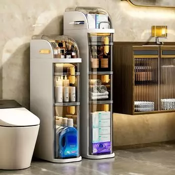 Шкаф для хранения в ванной комнате, тонкий органайзер для пола в ванной с ящиками и коробкой для салфеток, пластиковый водонепроницаемый мобильный шкафчик с колесами для небольшой кухни Two layers small белый