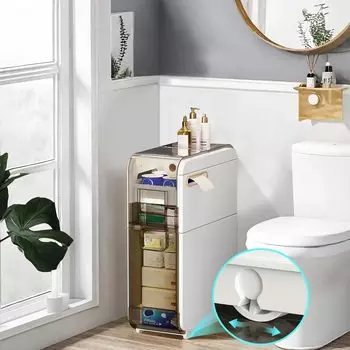 Шкаф для хранения в ванной комнате, узкий пластиковый шкаф для хранения в ванной с ящиками и держателем для туалетной бумаги, водонепроницаемый передвижной органайзер для хранения в небольшом пространстве Two layers small белый