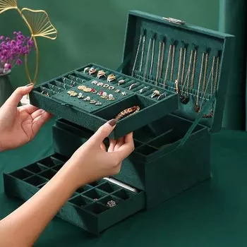 Шкатулка для драгоценностей бархатная европейский стиль двухслойная большая емкость элегантная фланелевая шкатулка для драгоценностей с замком лидер моды