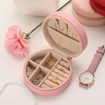 Шкатулка для драгоценностей большой емкости с мягкой подкладкой, элегантный, роскошный, минималистский, кольцо для хранения, искусственная кожа, круглая, на молнии, дорожный футляр для драгоценностей розовый