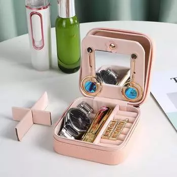 Шкатулка для хранения ювелирных изделий с зеркалом, шкатулка для ювелирных изделий из искусственной кожи, простая портативная коробка для хранения серег-гвоздиков, ожерелья, прямые продажи с фабрики розовый