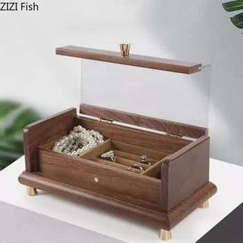 Шкатулка для украшений из цельного дерева Творческий современный домашний первый органайзер для украшений из орехового дерева Настольный ящик для хранения ожерелий, сережек и колец