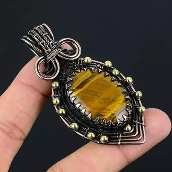 Шкентель из чистой медной проволоки из драгоценного камня тигрового глаза, обернутый ручной работы для подарка 2.95 Inches жёлтый