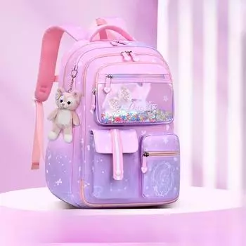 Школьная сумка для начальной школы с бантом и подвеской в виде кролика для девочек, ортопедический детский рюкзак Kawaii, водонепроницаемая школьная сумка синий