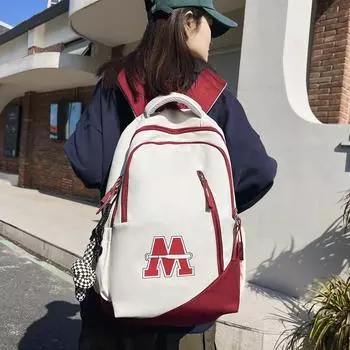 Школьная сумка для женщин старшей школы, ретро-рюкзак контрастного цвета красный/белый