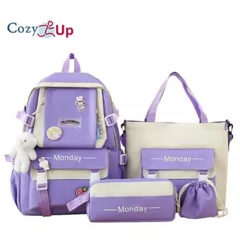 Школьная сумка из 4 предметов, рюкзак для учениц начальной школы, большая сумка, модное сочетание цветов, рюкзак для младших классов средней школы большой вместимости 44x31x13cm фиолетовый