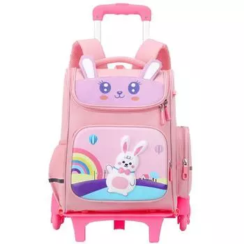 Школьная сумка на колесиках для мальчиков и девочек, детская сумка на колесиках с изображением динозавра и кролика, дошкольные сумки на колесиках, легкий рюкзак на 6 колес розовый