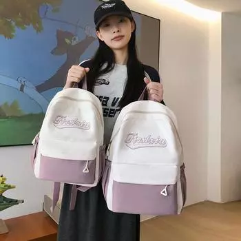 Школьная сумка с буквенным принтом для школьников, вместительный легкий рюкзак для средней школы, женский рюкзак с цветными блоками Small чёрный