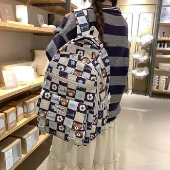 Школьная сумка с принтом медведя для девочек, рюкзак большой емкости, студенческий рюкзак чёрный