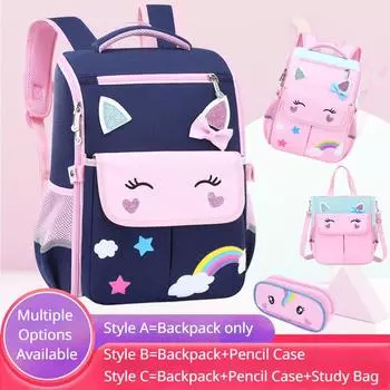 Школьная сумка унисекс с милым котом для учащихся начальной школы, нейлоновый рюкзак с защитой позвоночника, детская сумка с учебной сумкой, пенал Style A синий