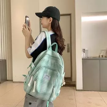 Школьная сумка в клетку, повседневный рюкзак для учащихся средней школы в кампусе бежевый