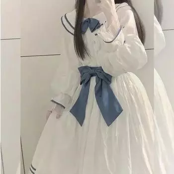 Школьное белое кавайное платье с матросским воротником, милое кавайное платье Лолиты в японском стиле преппи, студенческие платья с длинными рукавами, новинка S белый