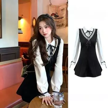 Школьное платье в консервативном стиле-поло, корейская мода, каваи, студенческое поддельное мини-короткое платье из двух частей, осенний шик S чёрный