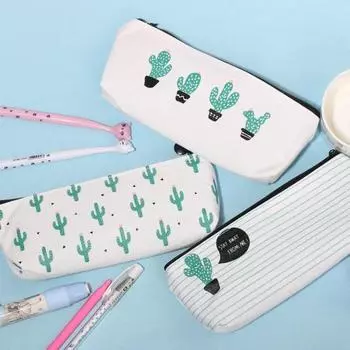 Школьные принадлежности, канцелярские принадлежности, пенал, холст, зеленая косметичка с принтом кактуса 2