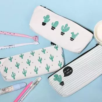 Школьные принадлежности, канцелярские принадлежности, пенал, холст, зеленая косметичка с принтом кактуса