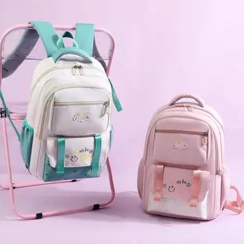 Школьный нейлоновый рюкзак с цветными блоками для девочек розовый