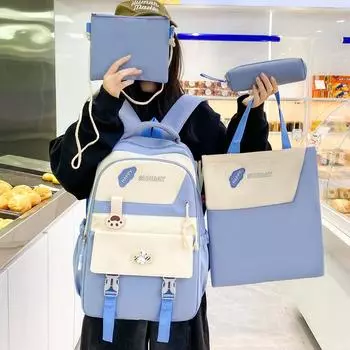 Школьный ранец из четырех предметов для учеников начальной и средней школы, рюкзак большой вместимости, женский рюкзак чёрный