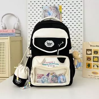 Школьный рюкзак для девочек-подростков, старшеклассниц, учениц начальной школы, для кампуса, универсальный, большой вместимости, красивый, для молодых взрослых, для путешествий, милый рюкзак Black + change bag + belt bear