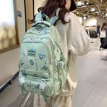 Школьный рюкзак для девочек, светоотражающий рюкзак с граффити, рюкзак для учащихся средней школы зелёный