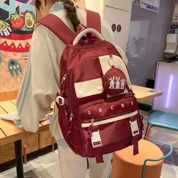 Школьный рюкзак для младшей школы, рюкзак в стиле колледжа, женский рюкзак с цветными блоками и кошельком для монет красный