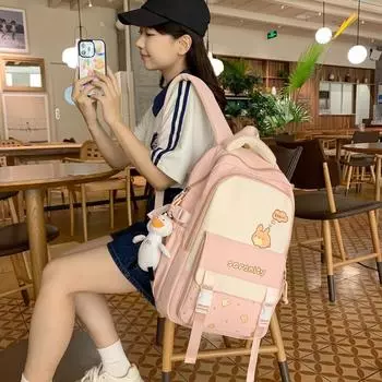 Школьный рюкзак для школьников 3–6 классов, женский рюкзак большой емкости с героями мультфильмов, рюкзак для кампуса с цветными блоками розовый