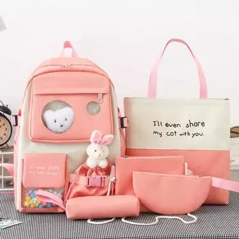 Школьный рюкзак для школьников, набор из 6 предметов, модный рюкзак с игрушками-медведями, набор из 5 предметов, несколько карманов, сумки для девочек-подростков, школьная сумка чёрный