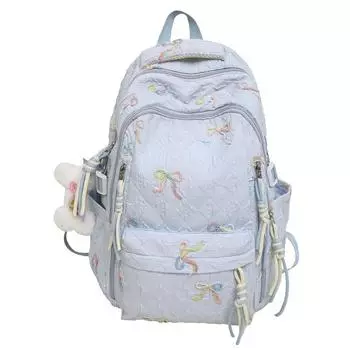 Школьный рюкзак для средней школы Женский рюкзак с бантом для компьютера Легкий Вместительный Рюкзак для занятий синий