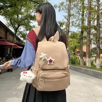 Школьный рюкзак для средней школы, женский вельветовый рюкзак, легкий, большой емкости, для путешествий, для студентов хаки
