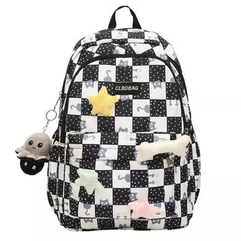 Школьный рюкзак из нейлона с принтом кота в клетку, большой вместимости, рюкзак для старшеклассников чёрный