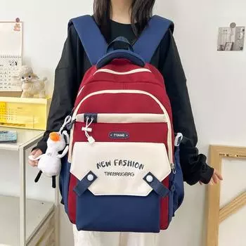 Школьный рюкзак с цветными блоками, женский рюкзак большой вместимости, рюкзак в стиле колледжа красный