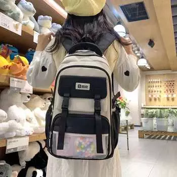 Школьный рюкзак в студенческом стиле с цветными блоками, легкий рюкзак с защитой от декомпрессии для девочек хаки